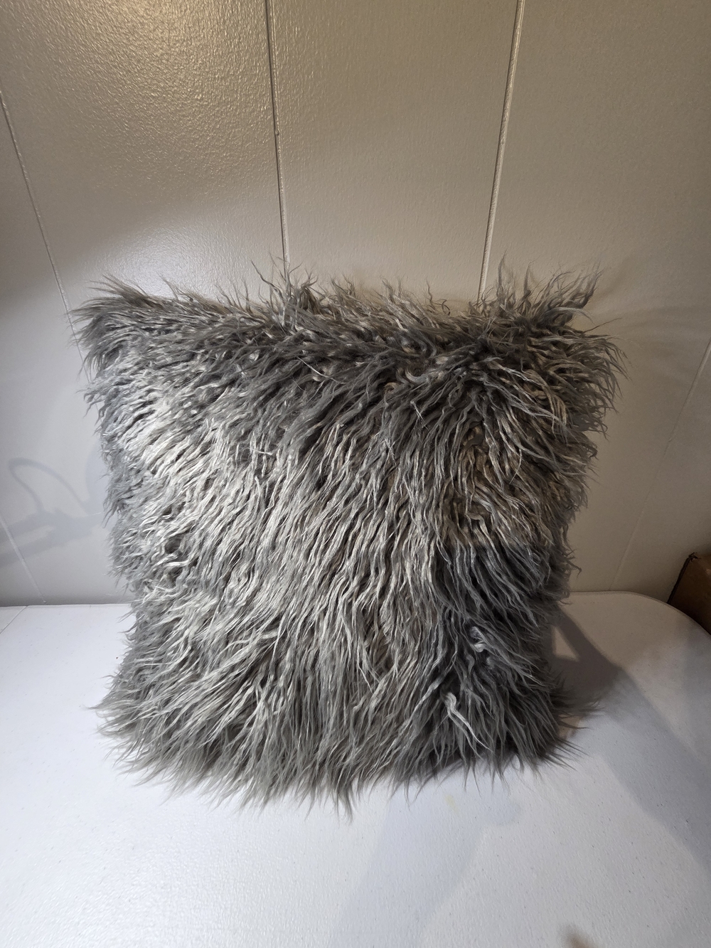 Fuzzy Faux Fur Mongolian Luxury Deocorative Grey Pillow w/Insert 18x18"